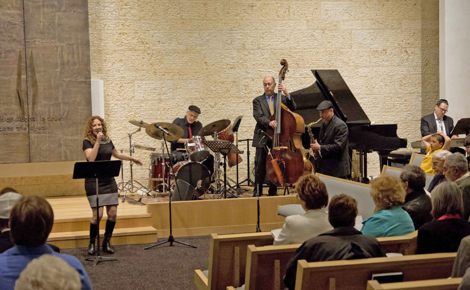 Musicians play during Shabbat service